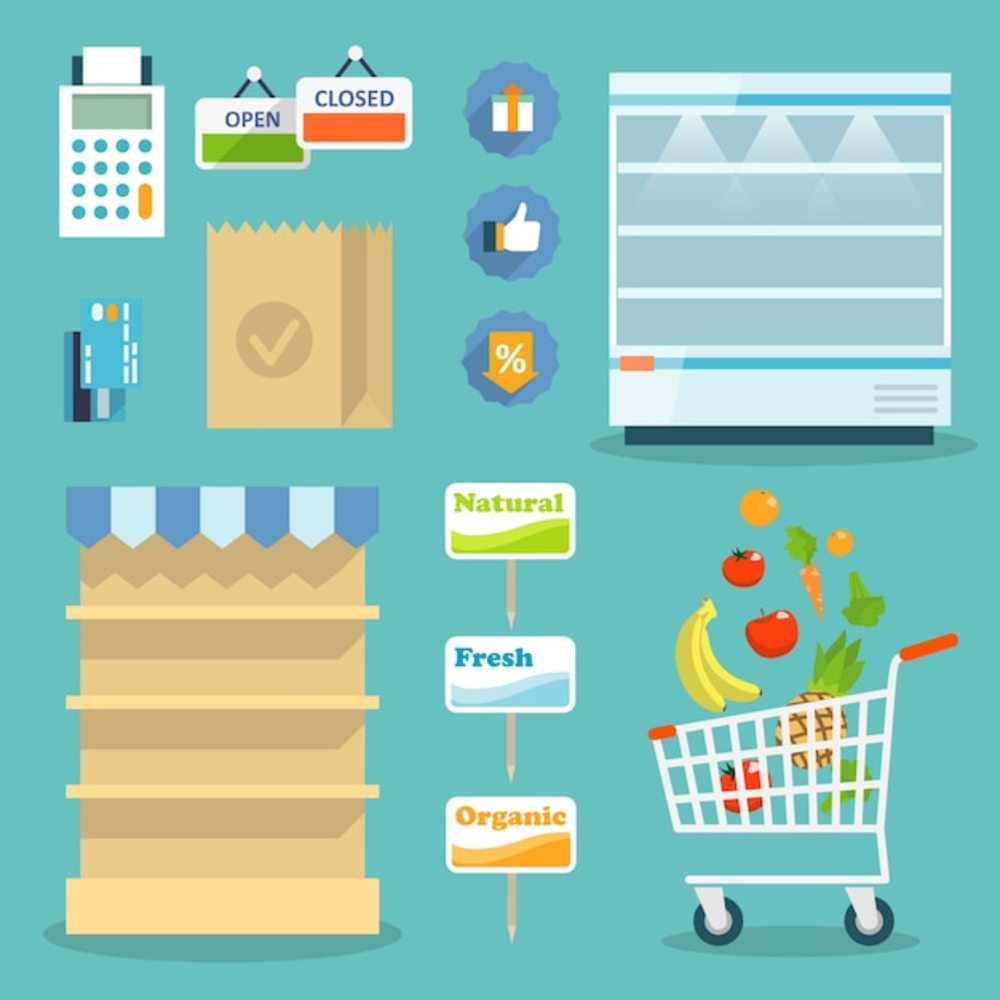 超市在线网站概念包括食品分类营业时间和付款选项图标图示矢量